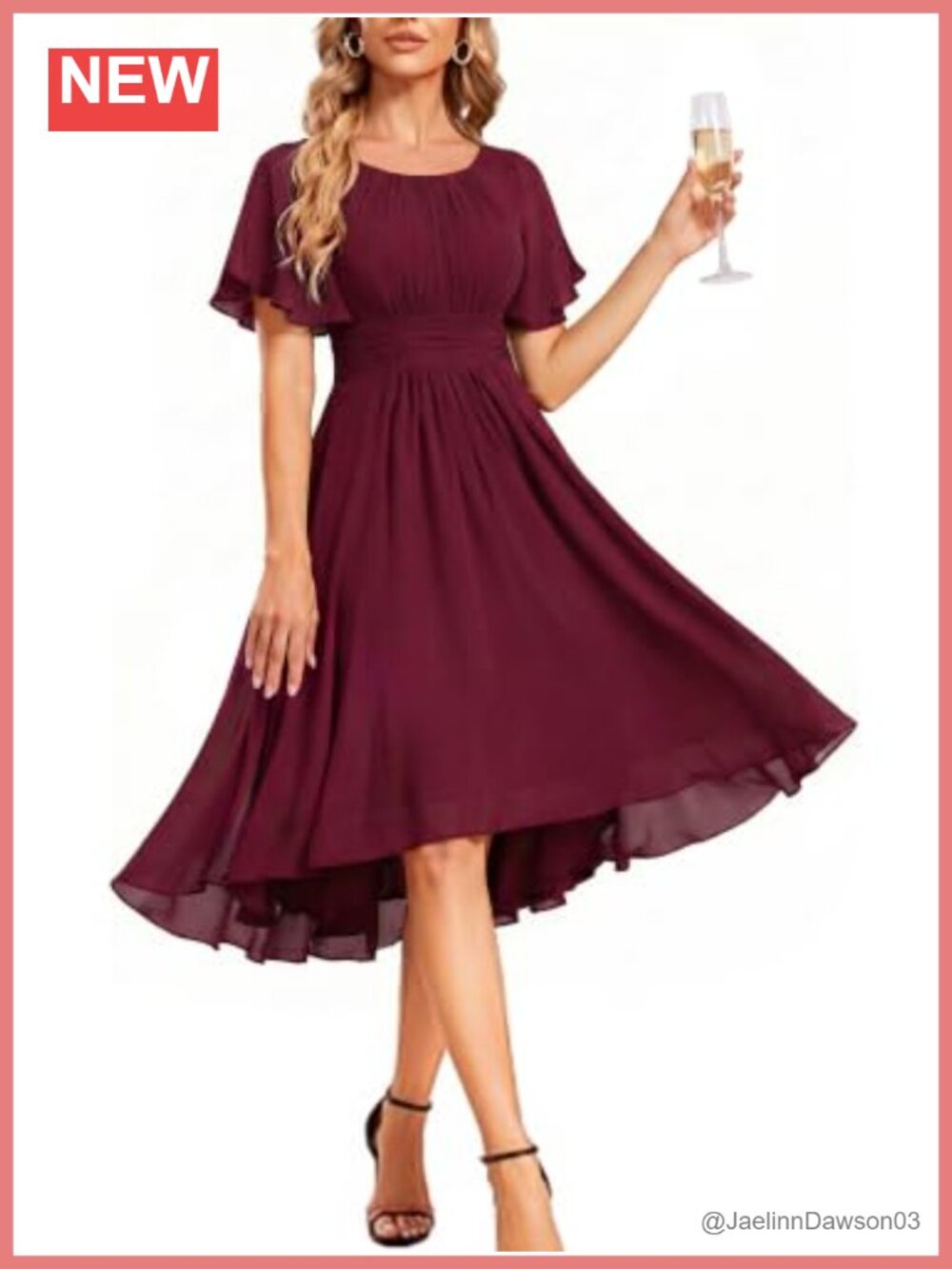 Chiffon Midi Wedding Guest Dress High Low Ruffle Sleeve Cocktail